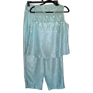 Vtg Inner Most Sz L Green Floral Imprint/ Embroidered 2 Piece Satiny Pajamas
